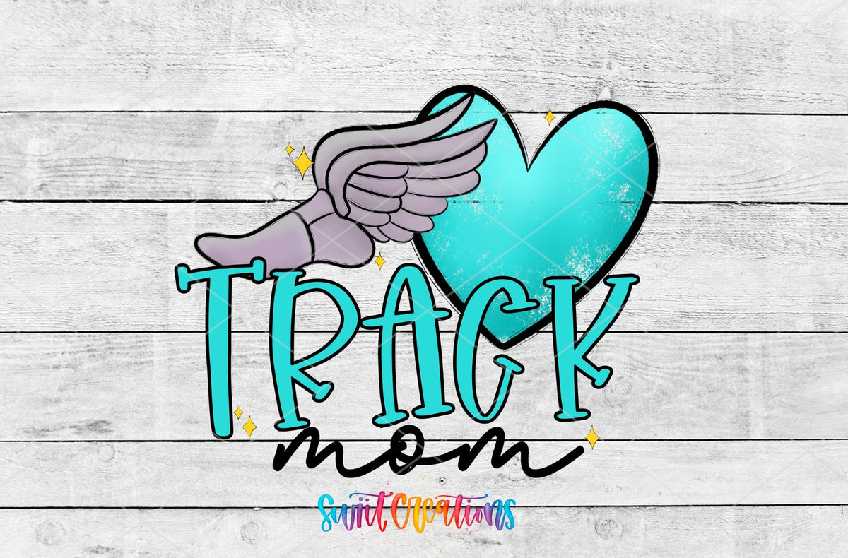 Track Mom UV DTF wrap artwork on a white wood background