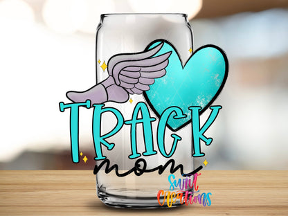 Close-up of the Track Mom UV DTF wrap on a clear glass can