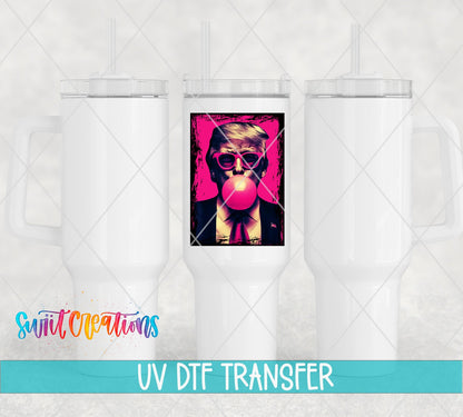 Trump Bubble Gum UV DTF transfer on white 40 oz tumblers