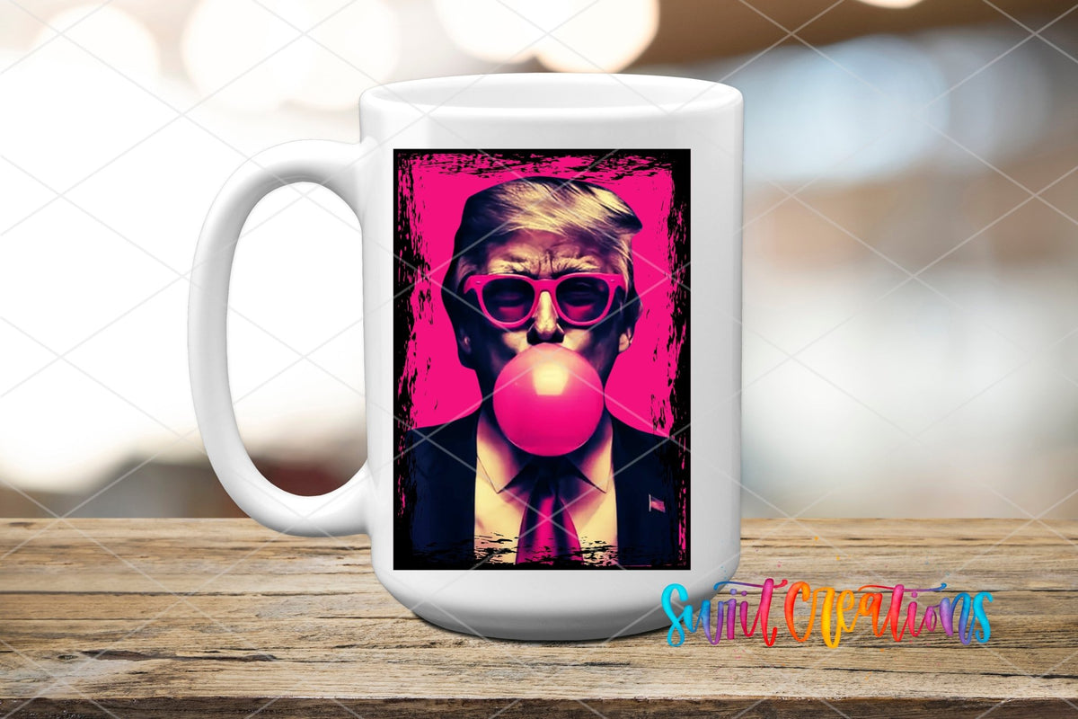 Trump Bubble Gum UV DTF transfer on a white ceramic coffee mug