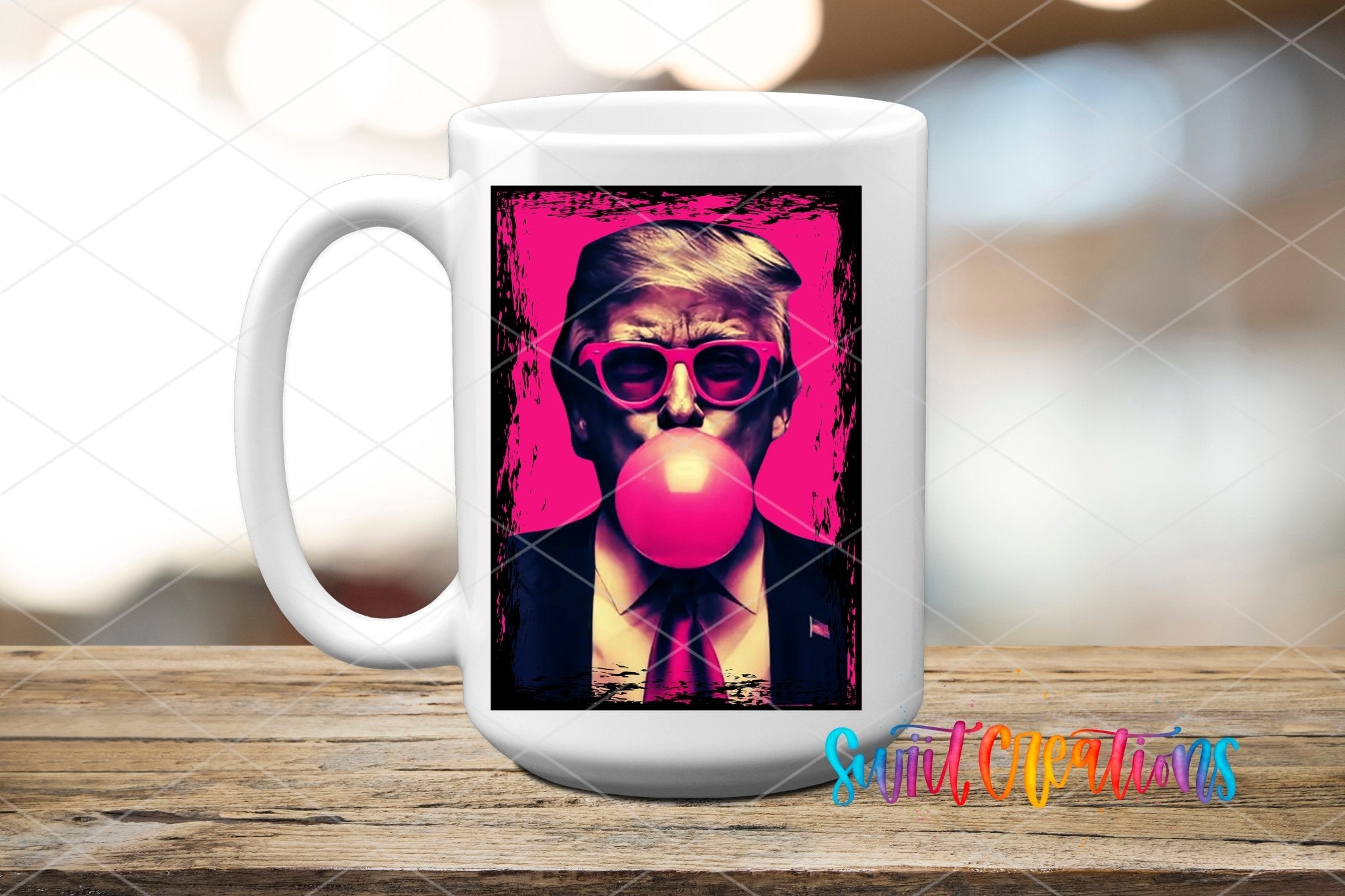 Swiit Creations UV DTF Trump transfer applied to a white ceramic mug