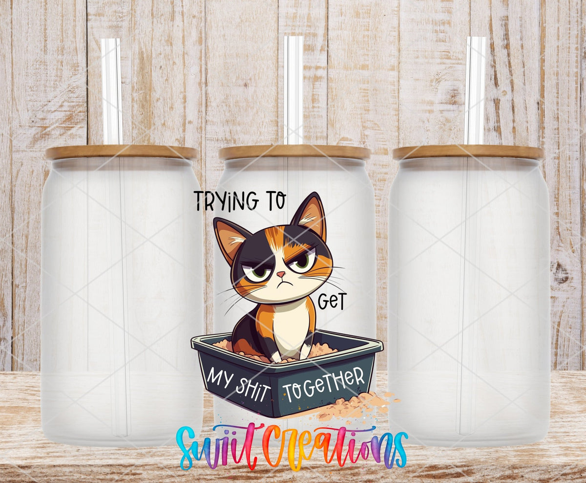 Trying to Get My Sh*t Together calico cat UV DTF transfer on frosted glass cans with bamboo lids