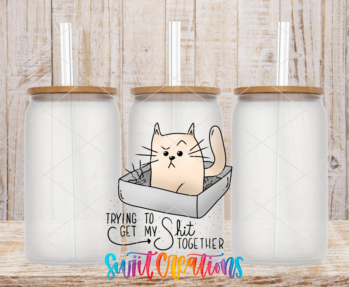 Trying to Get My Sh*t Together UV DTF transfer on frosted glass cans with bamboo lids