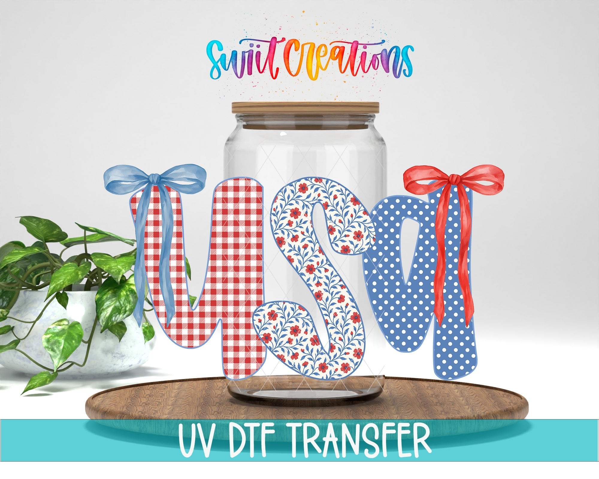 USA Patriotic Patchwork UV DTF Decal | Red White Blue Bow Cup Transfer | UV1494 - Swiit Creations