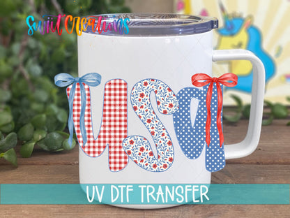 USA gingham and bows UV DTF transfer on a white stainless steel mug with a lid