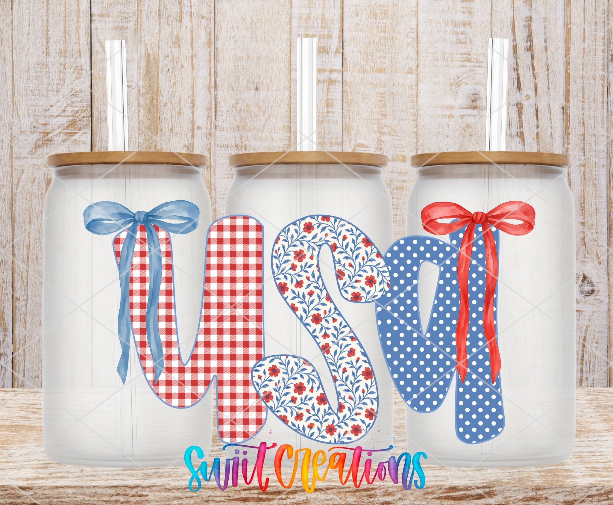 USA Patriotic Patchwork UV DTF Decal | Red White Blue Bow Cup Transfer | UV1494 - Swiit Creations