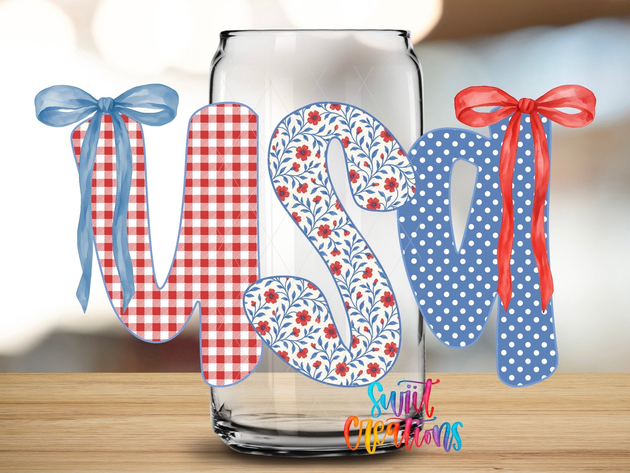 USA Patriotic Patchwork UV DTF Decal | Red White Blue Bow Cup Transfer | UV1494 - Swiit Creations
