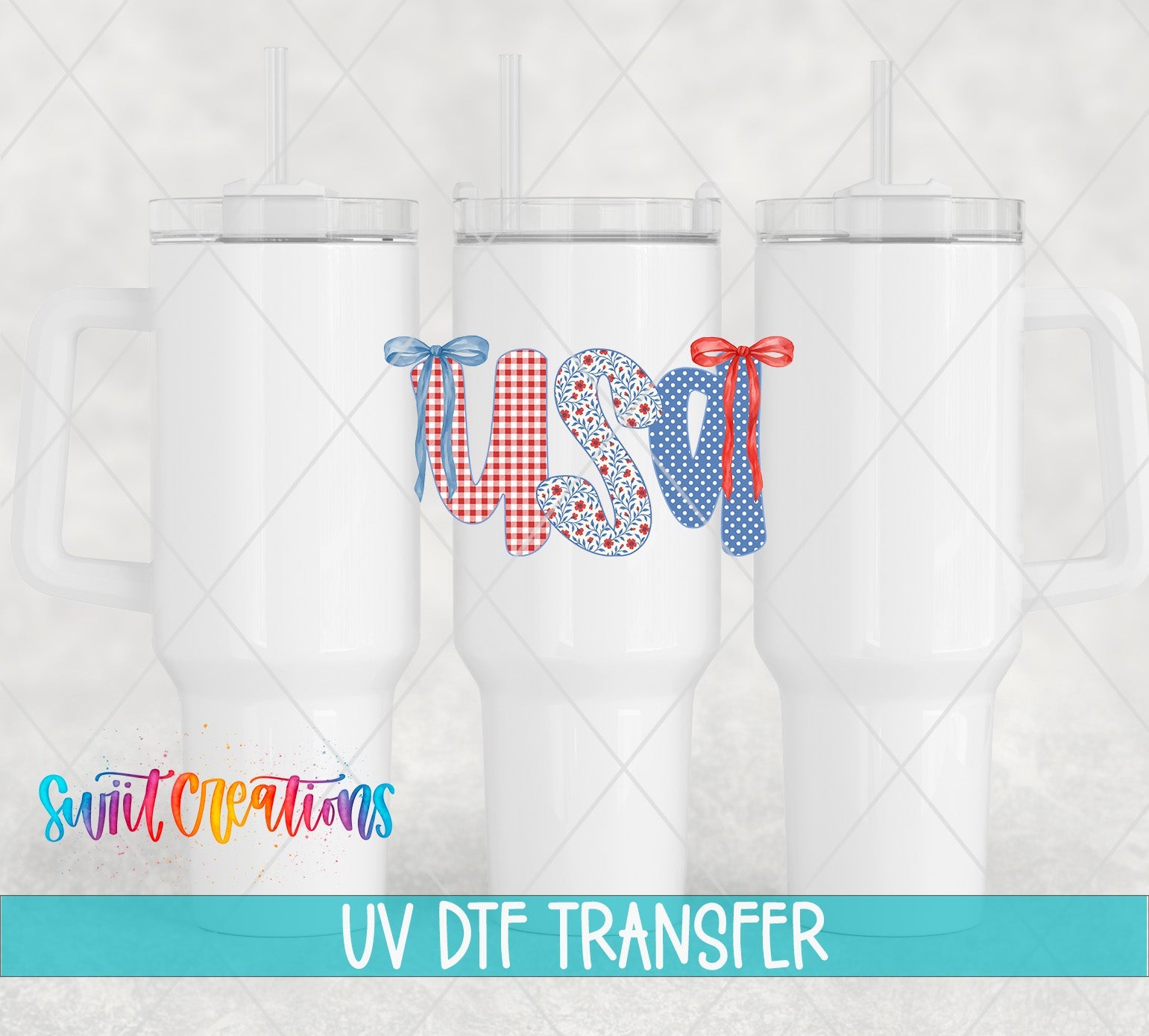 USA Patriotic Patchwork UV DTF Decal | Red White Blue Bow Cup Transfer | UV1494 - Swiit Creations