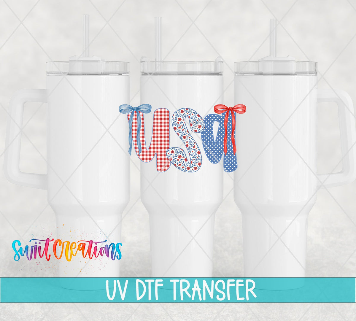 USA gingham and bows UV DTF transfer on white 40 oz tumblers