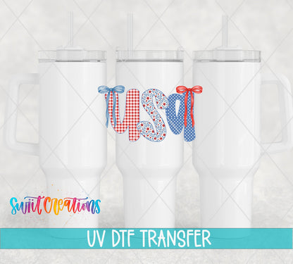 USA gingham and bows UV DTF transfer on white 40 oz tumblers