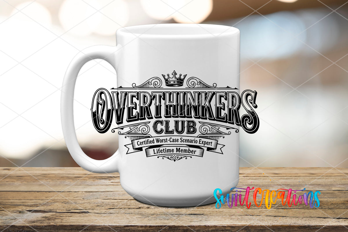 Overthinkers Club UV DTF transfer displayed on a white ceramic mug