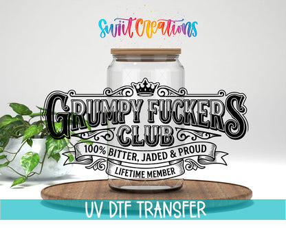 Grumpy Fuckers Club UV DTF transfer displayed on a clear glass jar