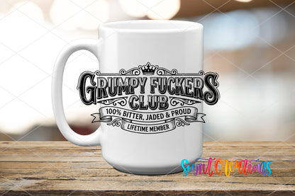 Grumpy Fuckers Club UV DTF transfer displayed on a white ceramic mug