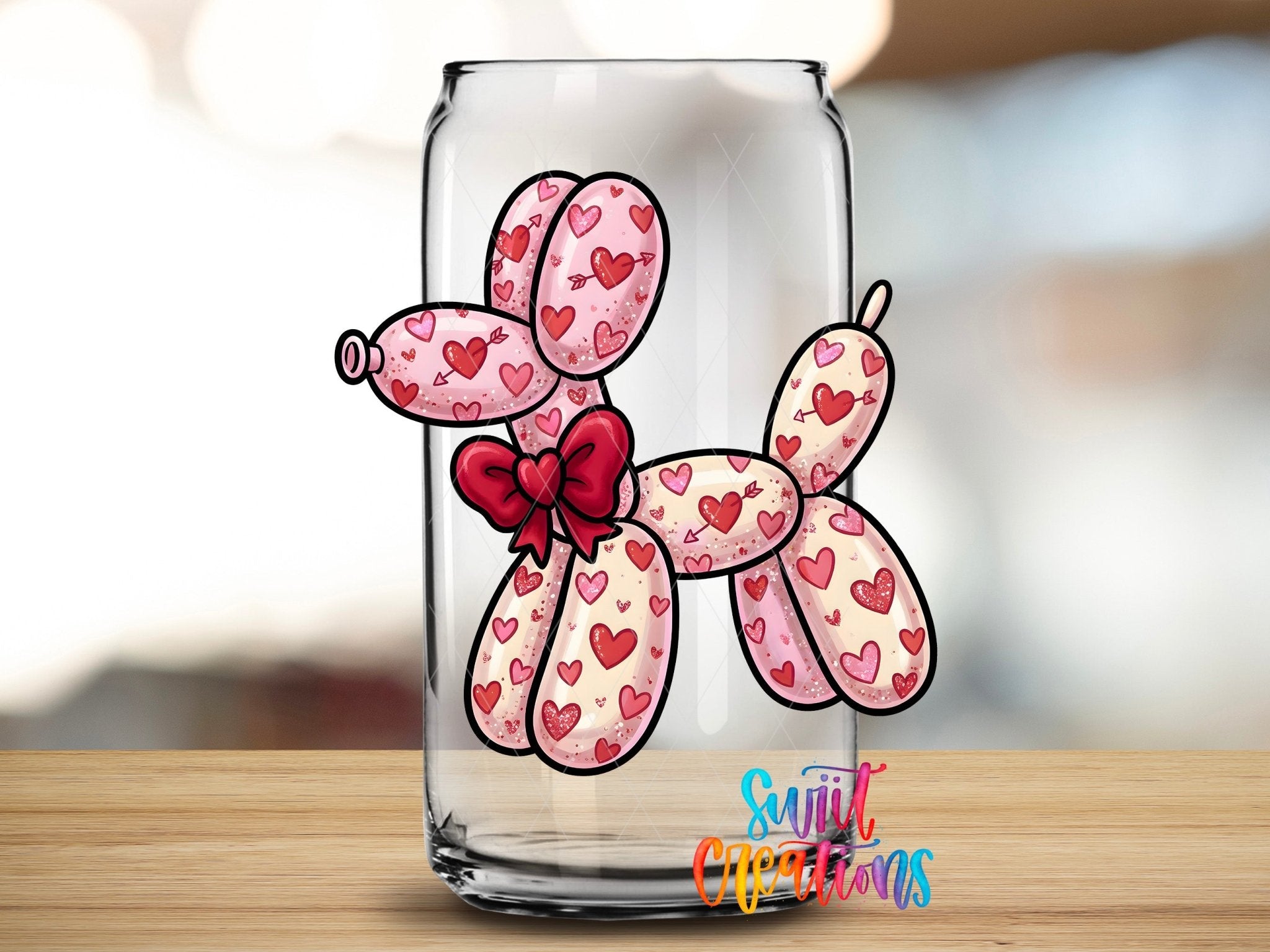 Valentine Balloon Dog UV DTF transfer applied to a clear glass can from Swiit Creations