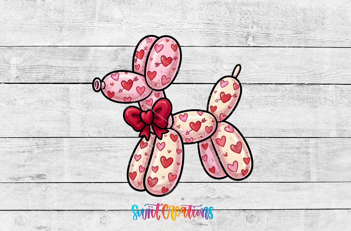 Balloon Dog pink hearts UV DTF transfer artwork on a white wood background