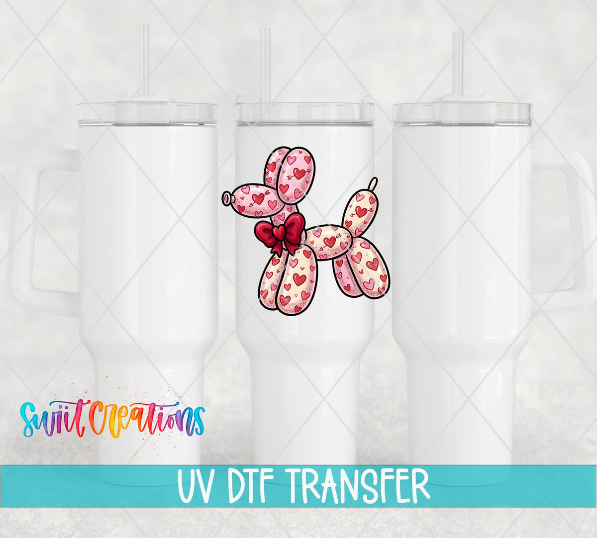 Balloon Dog pink hearts UV DTF transfer on white 40 oz tumblers