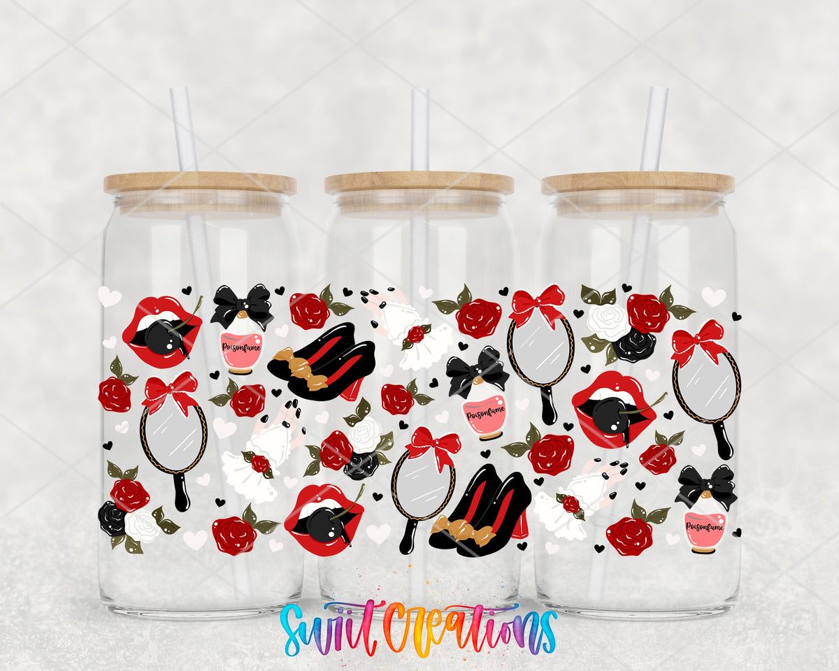 Red Lips and Roses UV DTF full wrap on three glass cans