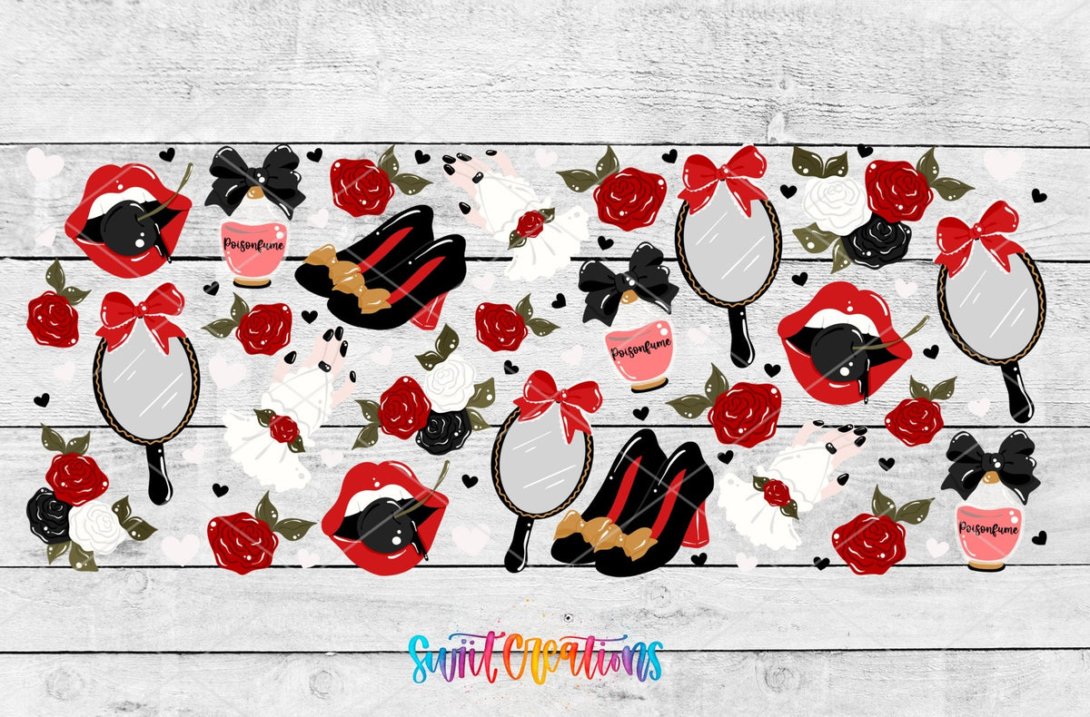 Red Lips and Roses UV DTF full wrap artwork on a white wood background