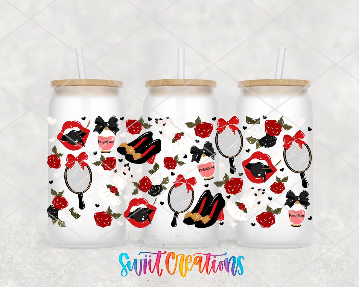 Red Lips and Roses UV DTF full wrap on three frosted glass cans