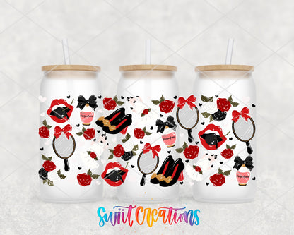 Red Lips and Roses UV DTF full wrap on three frosted glass cans