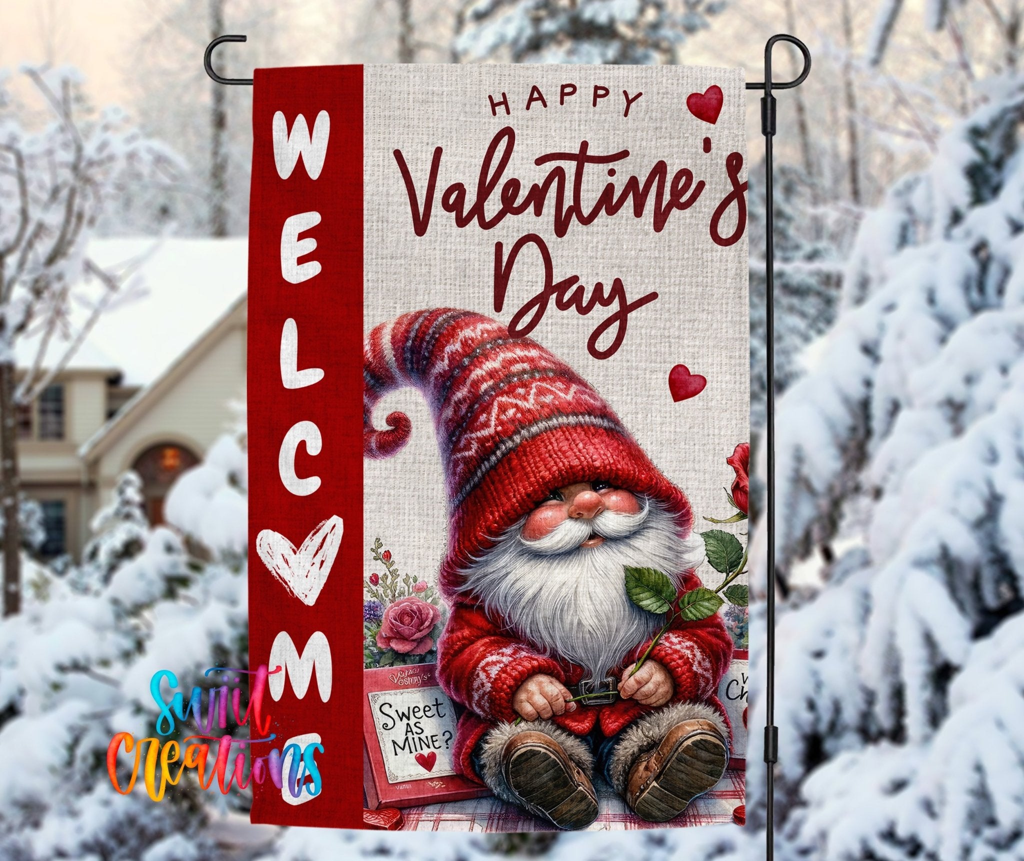 Valentine’s Day Yard Flag | Cute Gnome Valentine Garden Flag with Hearts and Flowers | Outdoor Holiday Decor | YF81 - Swiit Creations