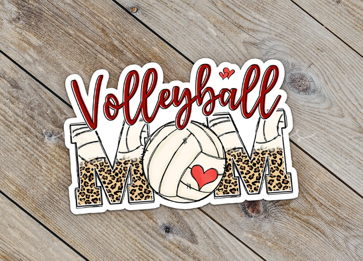 Close-up of the Volleyball Mom sticker on rustic wood