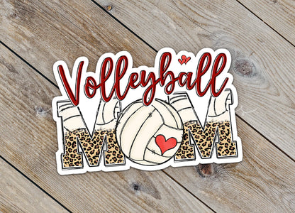 Close-up of the Volleyball Mom sticker on rustic wood
