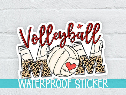 Volleyball Mom sticker on a white brick background with a waterproof sticker banner