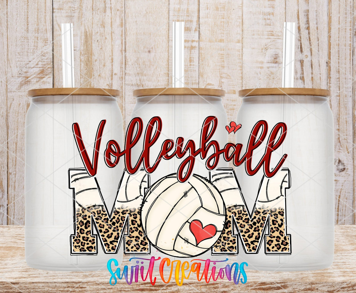 Volleyball Mom UV DTF wrap on three clear glass cans with bamboo lids