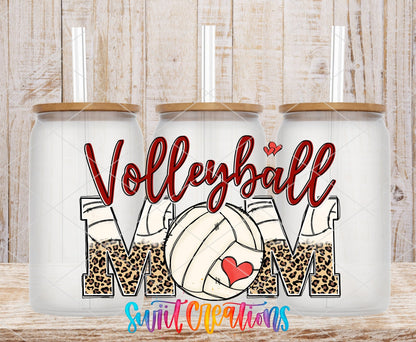 Volleyball Mom UV DTF wrap on three clear glass cans with bamboo lids