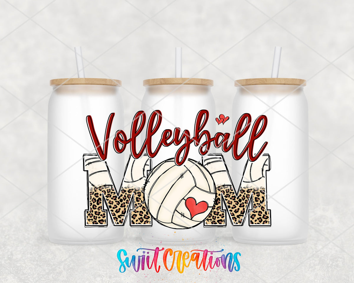 Volleyball Mom UV DTF wrap on three frosted glass cans