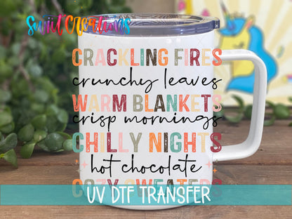 Crackling Fires UV DTF transfer on a white stainless steel mug with a lid