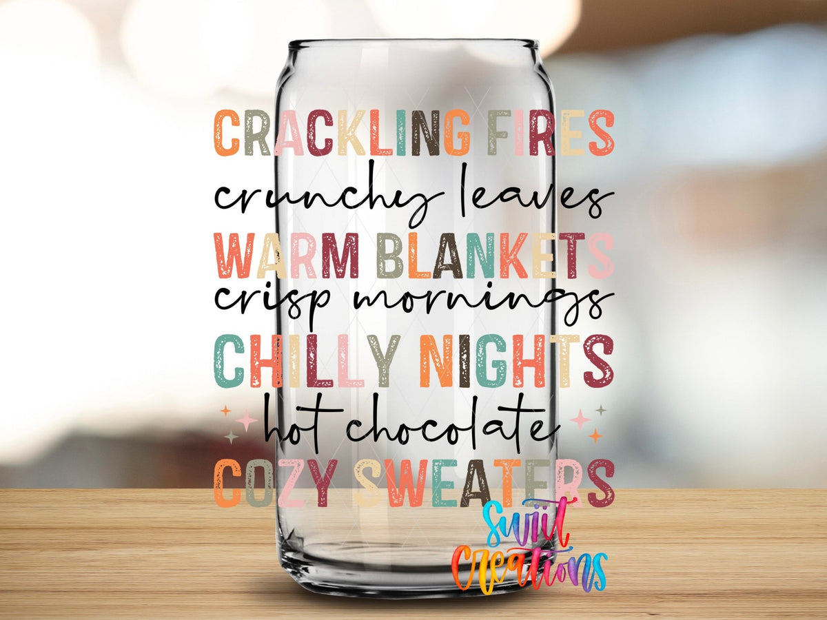 Close-up of the Crackling Fires UV DTF transfer on a clear glass can