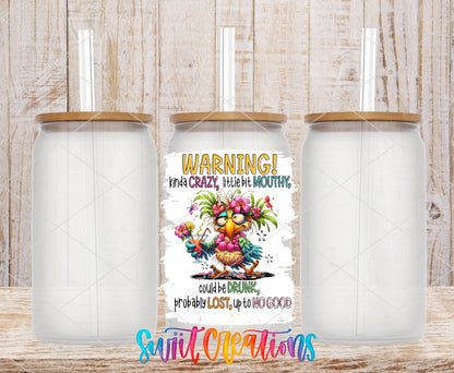 Warning Kinda Crazy Little Bit Mouthy UV DTF transfer on frosted glass cans with bamboo lids