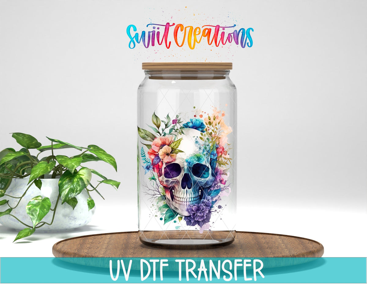 Watercolor Floral Skull UV DTF Cup Decal | UV729 - Swiit Creations