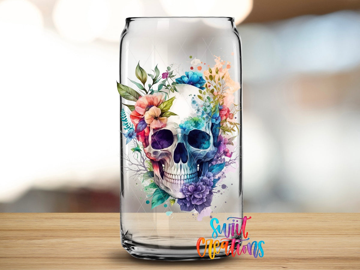Watercolor Floral Skull UV DTF Cup Decal | UV729 - Swiit Creations