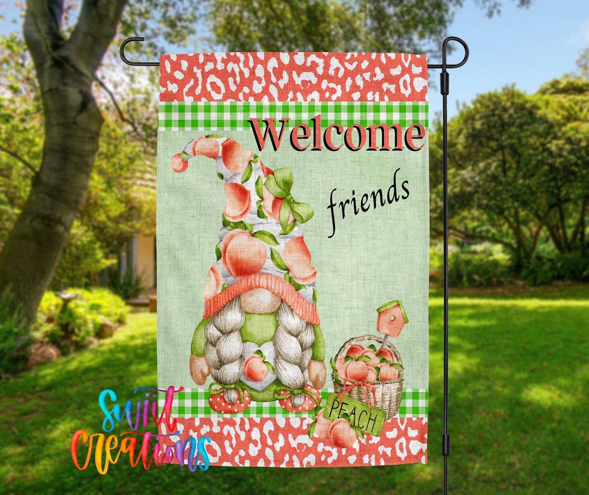 Welcome Friends Peach Gnome Yard Flag | Summer Garden Flag with Peach Basket, Braided Gnome, & Outdoor Charm | YF64 - Swiit Creations