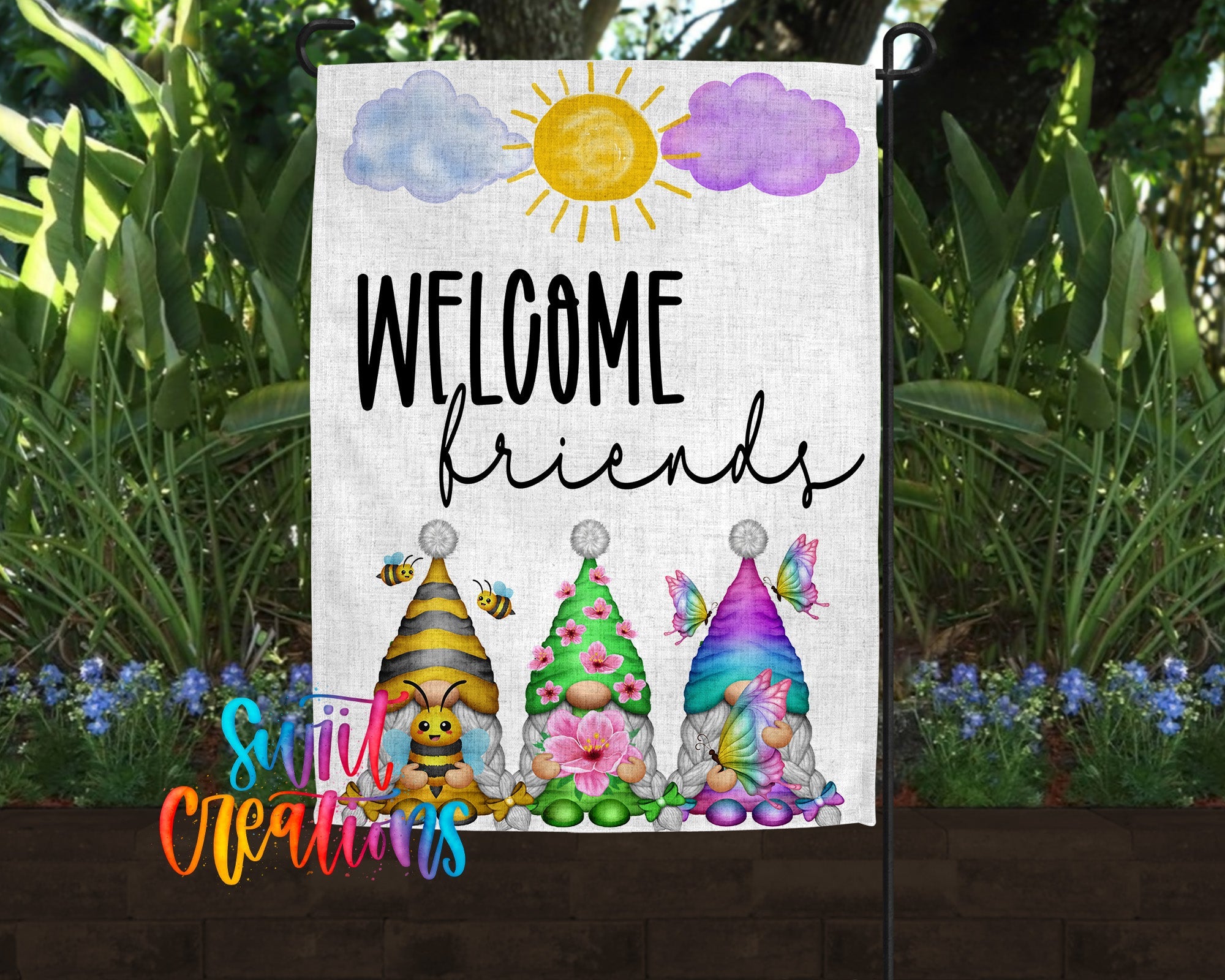 Welcome Friends Yard Flag | Summer Gnome Garden Flag | Butterfly Bee Outdoor Decor | YF75 - Swiit Creations