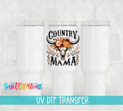 Country Mama bull skull and flowers UV DTF transfer on white 40 oz tumblers