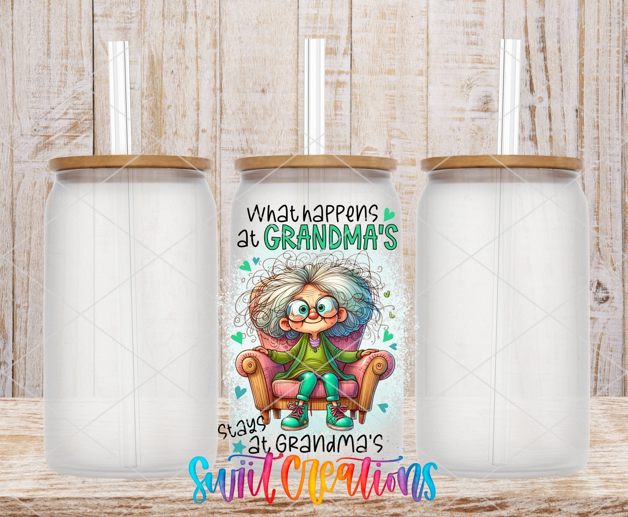 Swiit Creations UV DTF What Happens at Grandma’s transfer shown on a clear glass can set
