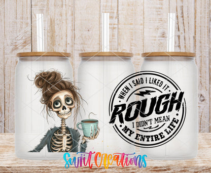 When I Said I Liked It Rough UV DTF wrap on three clear glass cans with bamboo lids