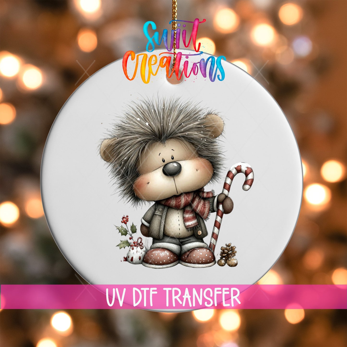 Whimsical Bear with Candy Cane Christmas UV DTF Ornament Transfer | O-1763 - Swiit Creations