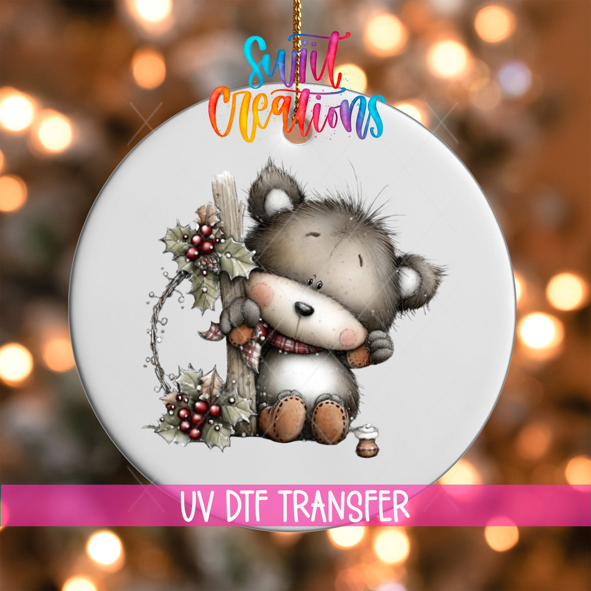 Whimsical Bear With Holly Christmas UV DTF Ornament Transfer | O-1755 - Swiit Creations
