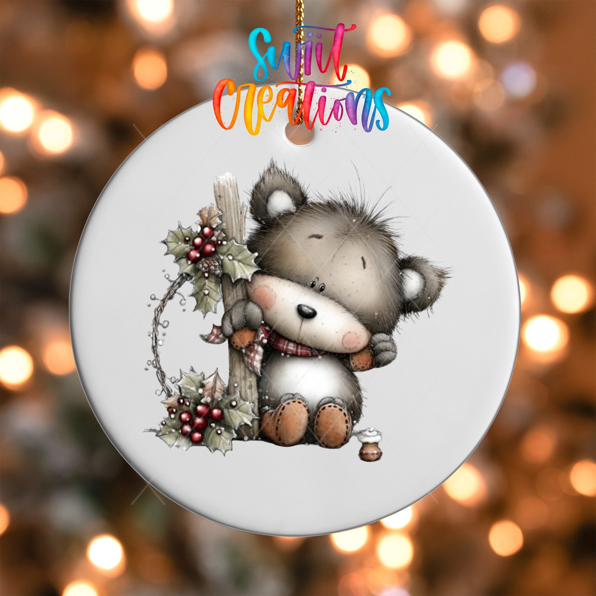 Whimsical Bear With Holly Christmas UV DTF Ornament Transfer | O-1755 - Swiit Creations