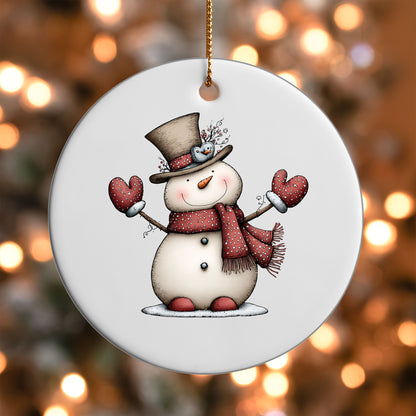Whimsical Christmas Snowman ornament UV DTF transfer on a round white ornament with a bokeh light background