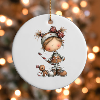 Whimsical Gingerbread Girl ornament UV DTF transfer on a round white ornament with a bokeh light background
