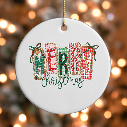 Whimsical Patchwork Merry Christmas ornament UV DTF transfer on a round white ornament with a bokeh light background