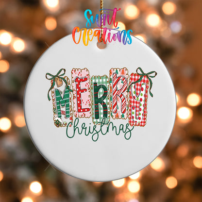 Whimsical Patchwork Merry Christmas UV DTF Ornament Transfer| O-1606 - Swiit Creations
