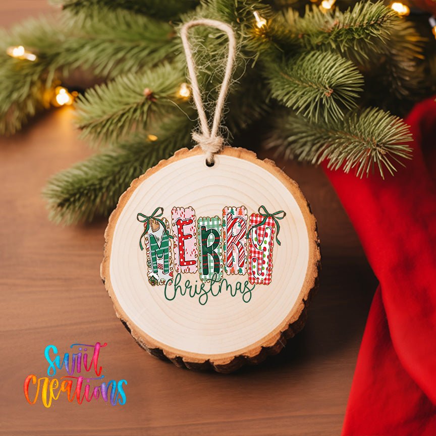 Whimsical Patchwork Merry Christmas UV DTF Ornament Transfer| O-1606 - Swiit Creations
