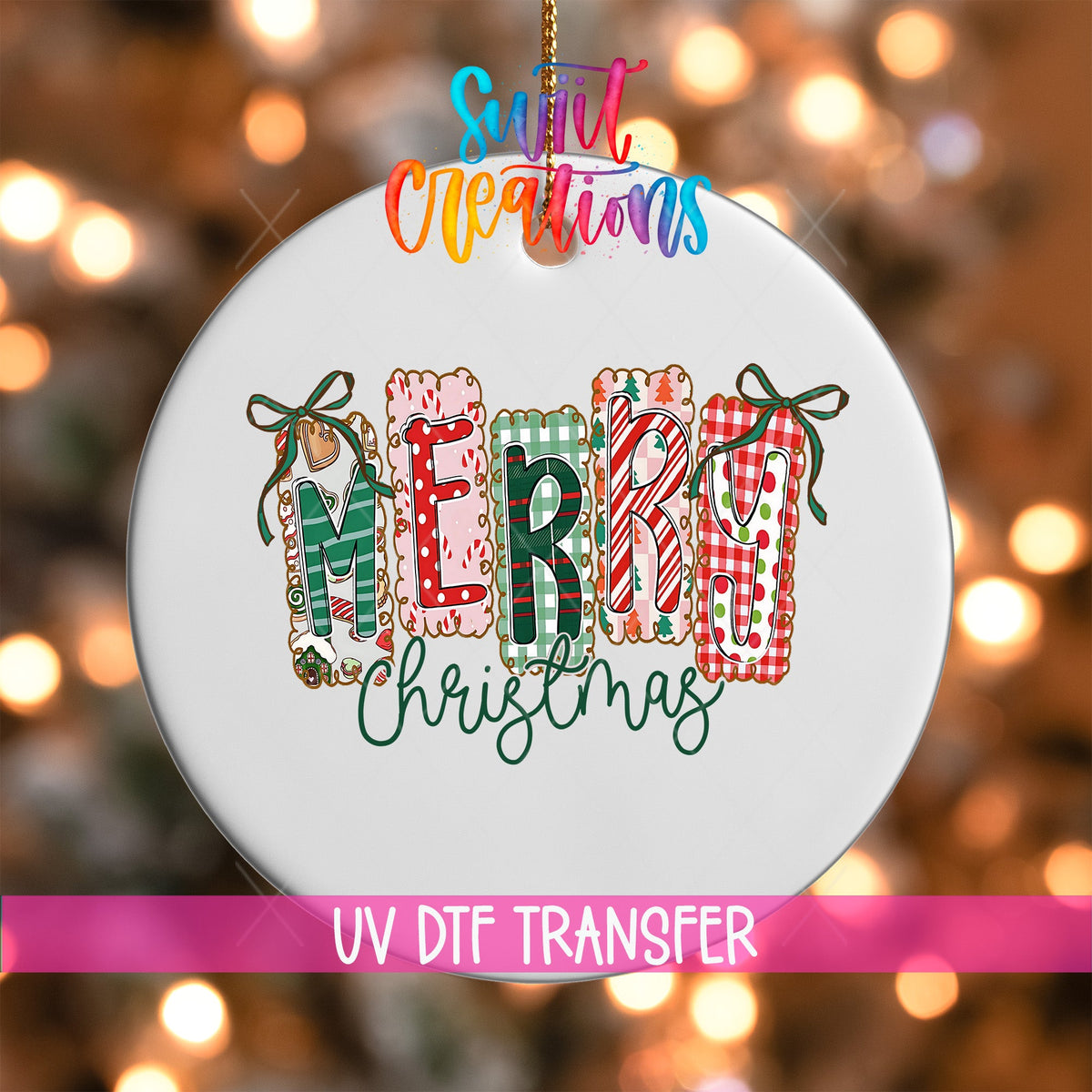 Whimsical Patchwork Merry Christmas UV DTF Ornament Transfer| O-1606 - Swiit Creations